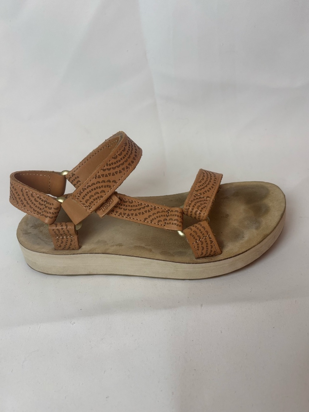 Teva Midform Universal Geometric Tan Sand Dune Leather Embossed Sandals Womens 8
